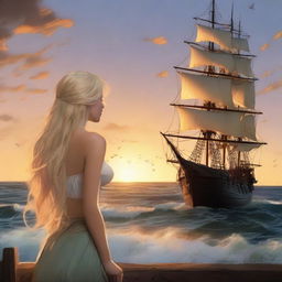 A blonde mermaid seen from behind, gazing at a pirate ship in the distance