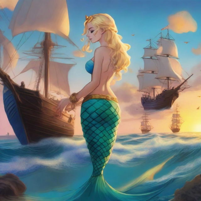 A blonde mermaid with a crown on her head and a large blue tail, seen from behind