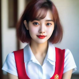 A 25-year-old girl with very white skin, sharp eyes and long eyelashes, soft and firm puffy cheeks, the perfect and most beautiful face, short bright hair, red and attractive lips, and good looking hips