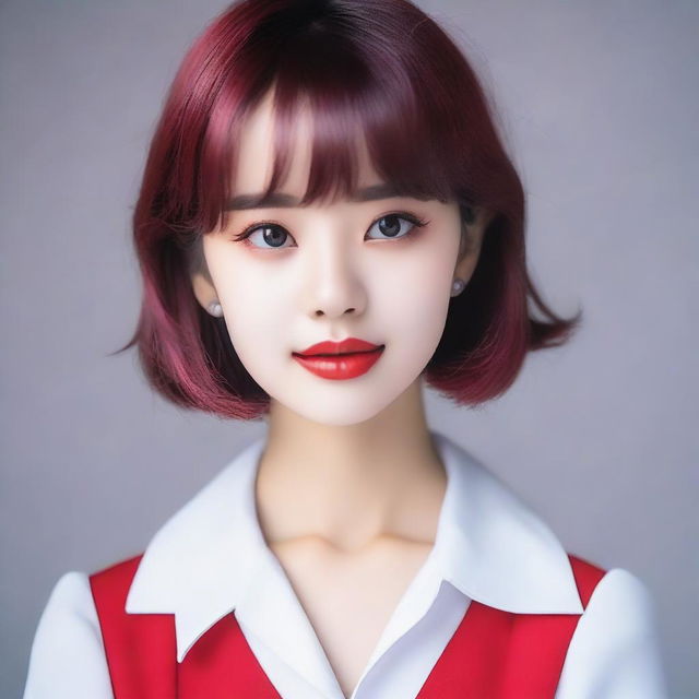 A 25-year-old girl with very white skin, sharp eyes and long eyelashes, soft and firm puffy cheeks, the perfect and most beautiful face, short bright hair, red and attractive lips, and good looking hips