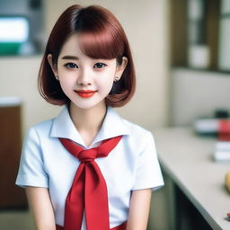 A 25-year-old girl with very white skin, sharp eyes and long eyelashes, soft and firm puffy cheeks, the perfect and most beautiful face, short bright hair, red and attractive lips, and good looking hips