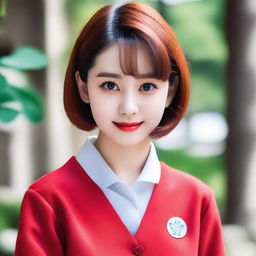 A 25-year-old girl with very white skin, sharp eyes and long eyelashes, soft and firm puffy cheeks, the perfect and most beautiful face, short bright hair, red and attractive lips, and good looking hips