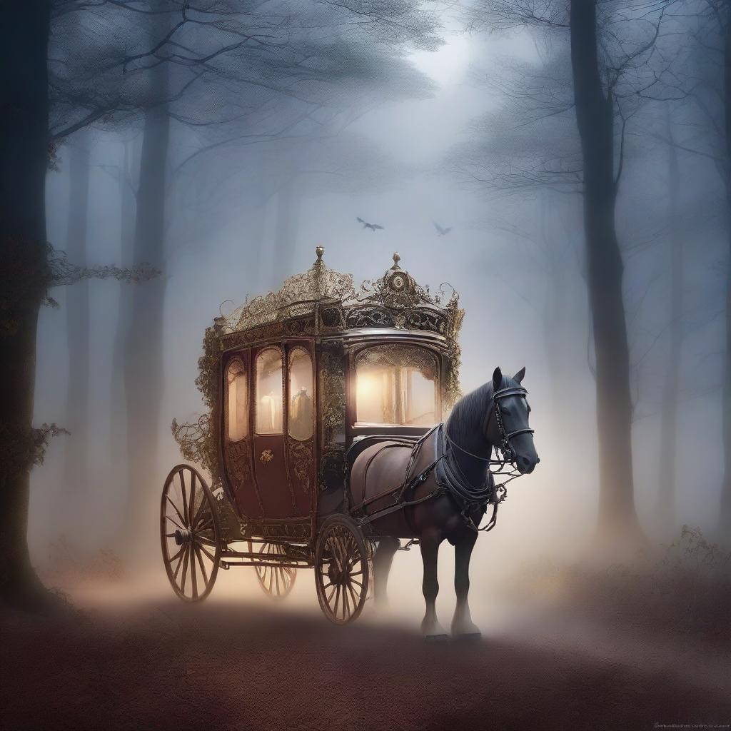 A mysterious and enchanting carriage traveling through a foggy, moonlit forest