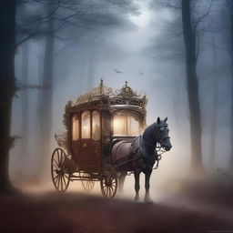 A mysterious and enchanting carriage traveling through a foggy, moonlit forest