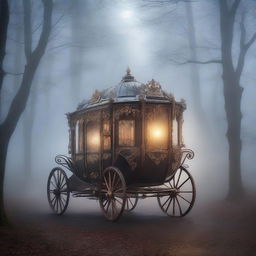 A mysterious and enchanting carriage traveling through a foggy, moonlit forest