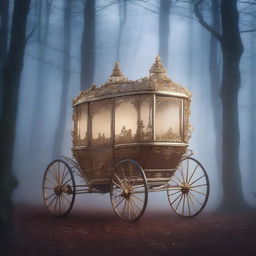 A mysterious and enchanting carriage traveling through a foggy, moonlit forest