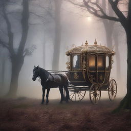 A mysterious and enchanting carriage traveling through a foggy, moonlit forest