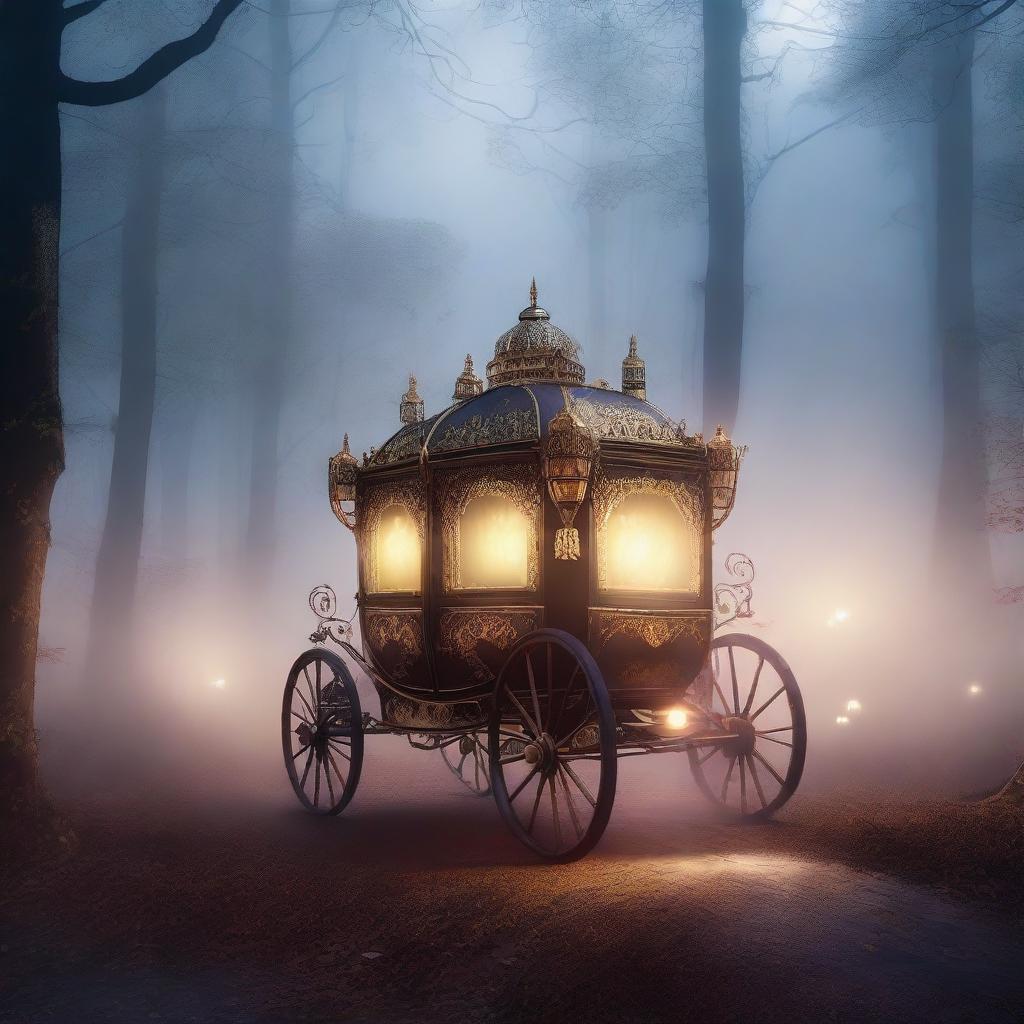 A mysterious, ornate carriage traveling through a foggy, moonlit forest