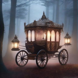 A mysterious, ornate carriage traveling through a foggy, moonlit forest