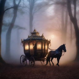 A mysterious, ornate carriage traveling through a foggy, moonlit forest