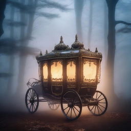 A mysterious, ornate carriage traveling through a foggy, moonlit forest