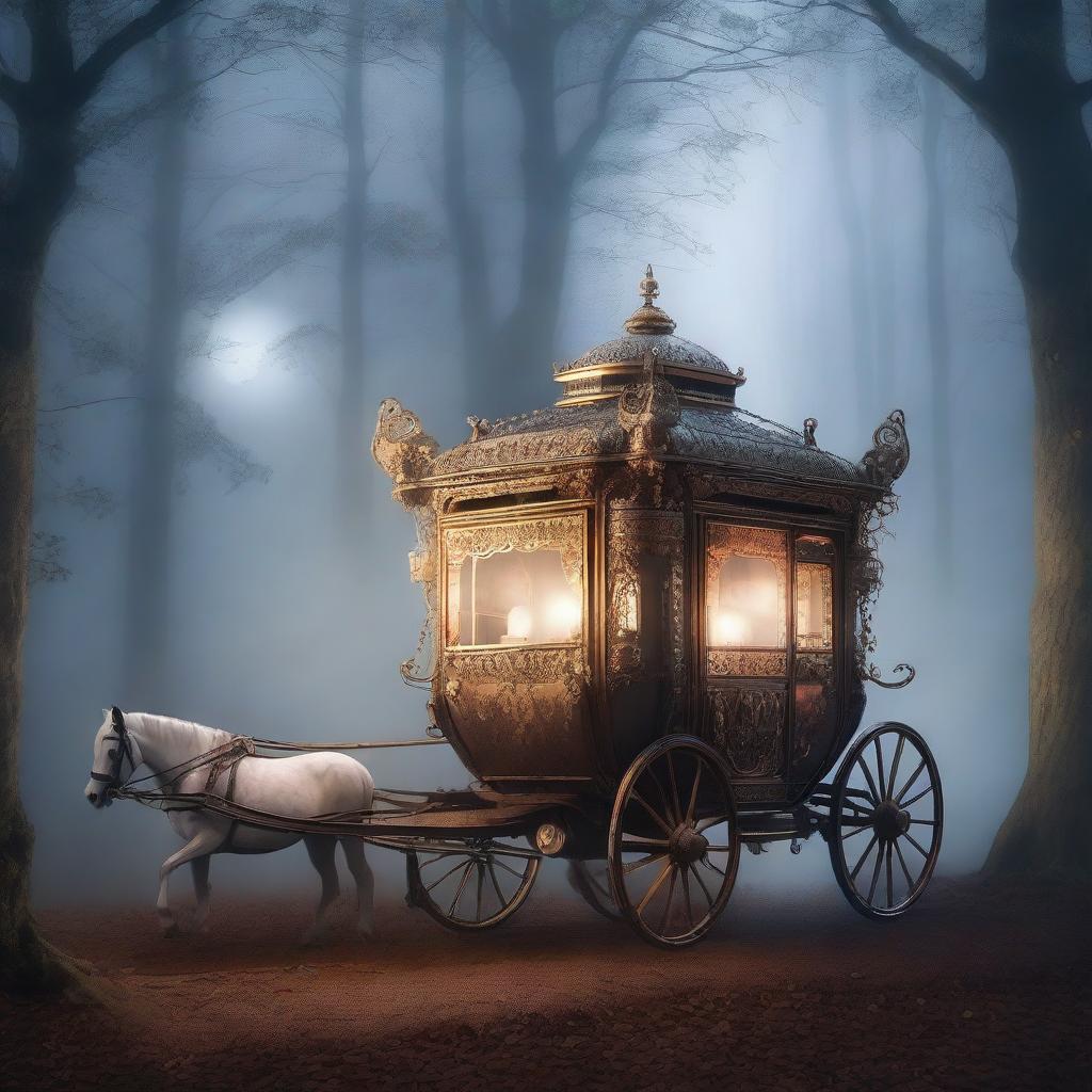 A mysterious, ornate carriage traveling through a foggy, moonlit forest