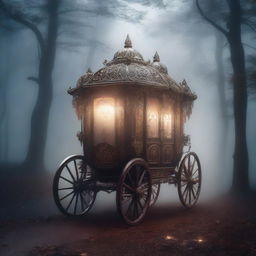 A mysterious, ornate carriage traveling through a foggy, moonlit forest