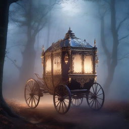 A mysterious, ornate carriage traveling through a foggy, moonlit forest