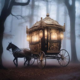 A mysterious, ornate carriage traveling through a foggy, moonlit forest