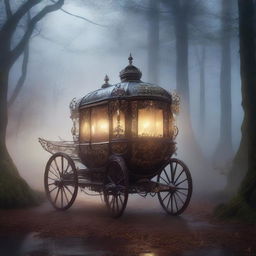 A mysterious, ornate carriage traveling through a foggy, moonlit forest