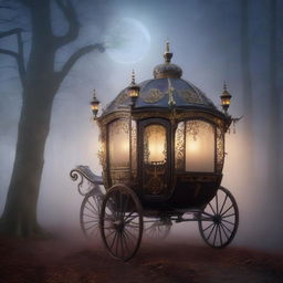 A mysterious, ornate carriage traveling through a foggy, moonlit forest