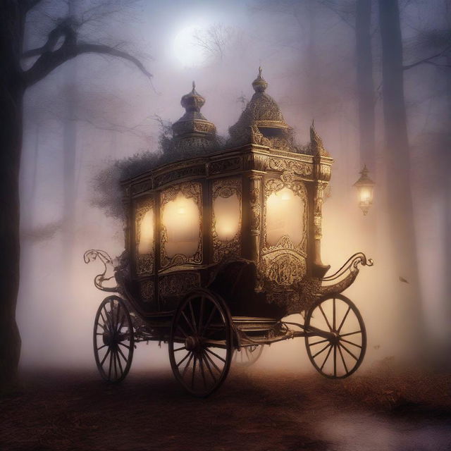 A mysterious, ornate carriage traveling through a foggy, moonlit forest