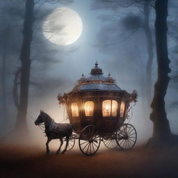 A mysterious, ornate carriage traveling through a foggy, moonlit forest