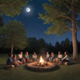 A tranquil outdoor setting where a group of diverse kids are sitting around a campfire, absorbed in a storytelling session. Include elements of nature, such as towering trees, beautiful flowers and a serene moonlit sky.