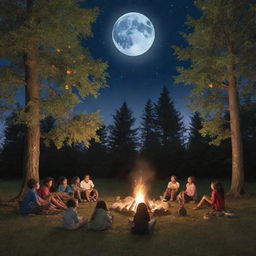 A tranquil outdoor setting where a group of diverse kids are sitting around a campfire, absorbed in a storytelling session. Include elements of nature, such as towering trees, beautiful flowers and a serene moonlit sky.