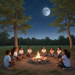 A tranquil outdoor setting where a group of diverse kids are sitting around a campfire, absorbed in a storytelling session. Include elements of nature, such as towering trees, beautiful flowers and a serene moonlit sky.