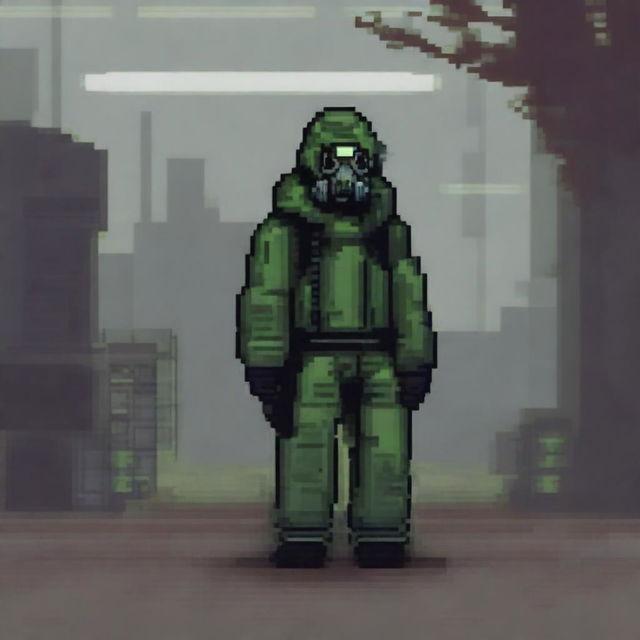 A pixel art depiction of a stalker wearing a gas mask