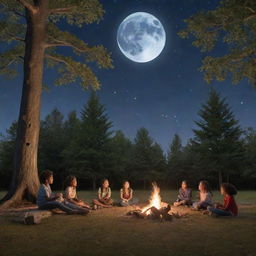 A tranquil outdoor setting where a group of diverse kids are sitting around a campfire, absorbed in a storytelling session. Include elements of nature, such as towering trees, beautiful flowers and a serene moonlit sky.