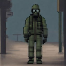 A pixel art depiction of a stalker wearing a gas mask