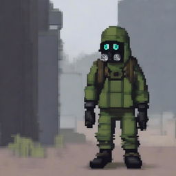 A pixel art depiction of a stalker wearing a gas mask