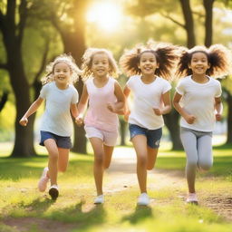 A group of girls running through a park on a sunny day, smiling and having fun