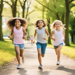 A group of girls running through a park on a sunny day, smiling and having fun