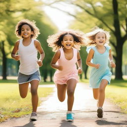 A group of girls running through a park on a sunny day, smiling and having fun