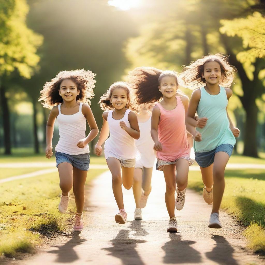 A group of girls running through a park on a sunny day, smiling and having fun