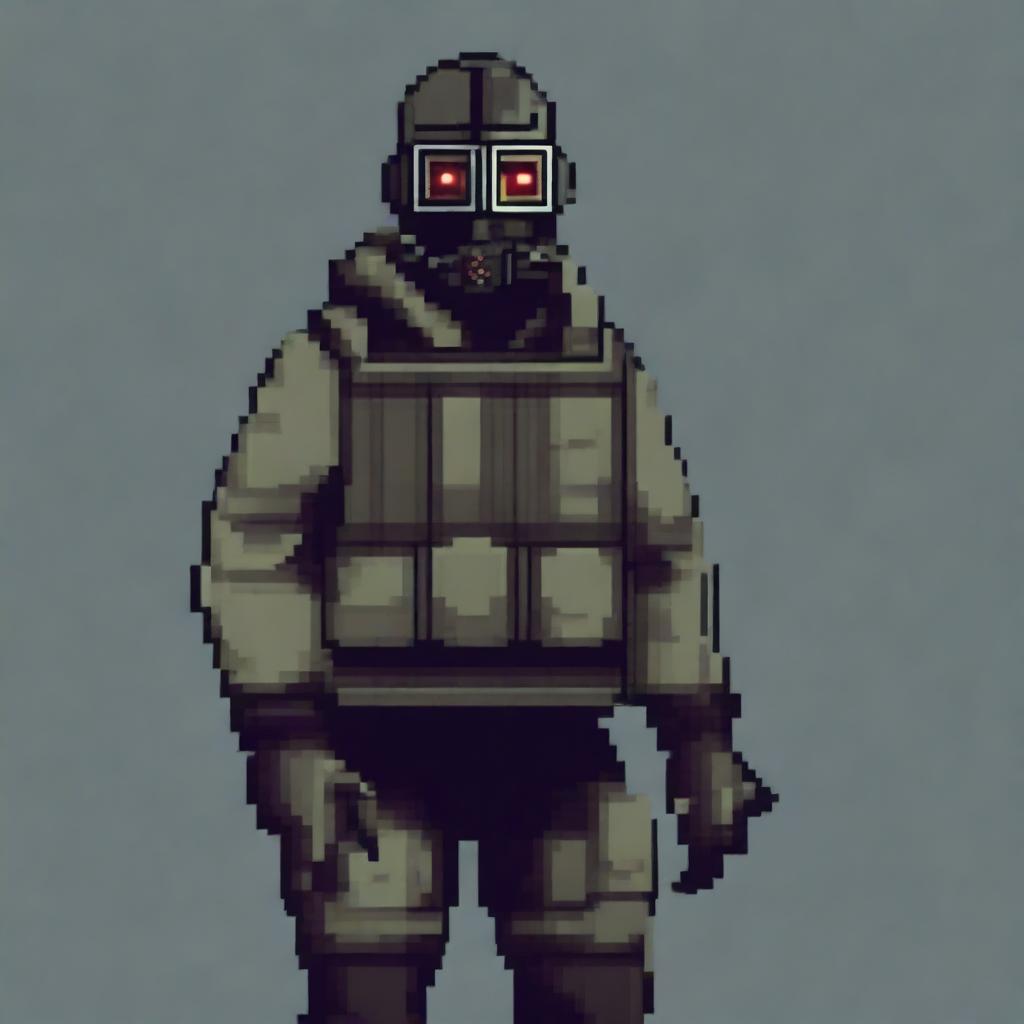 A pixel art depiction of the upper body of a stalker wearing a gas mask