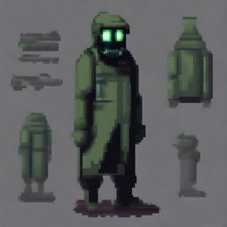 A pixel art depiction of the upper body of a stalker wearing a gas mask