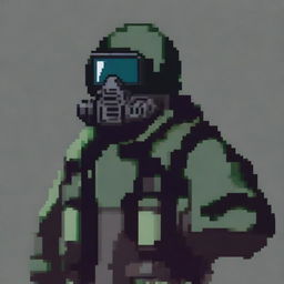 A pixel art depiction of the upper body of a stalker wearing a gas mask