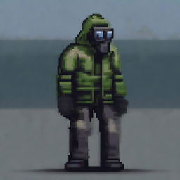 A pixel art depiction of the upper body of a stalker wearing a gas mask