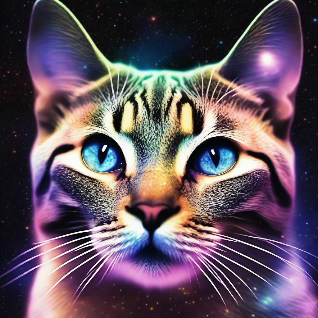 This amazing photograph shows the face of a cat, translucent, with only its eyes visible, which seems to be dissolving into the vast cosmic space and is made up of cosmic dust and stars