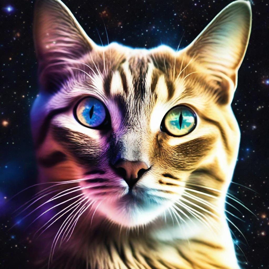 This amazing photograph shows the face of a cat, translucent, with only its eyes visible, which seems to be dissolving into the vast cosmic space and is made up of cosmic dust and stars