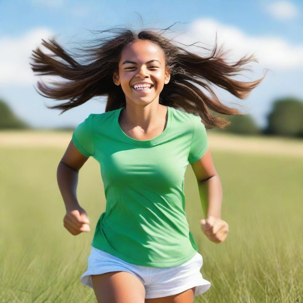 A beautiful girl running in an open field