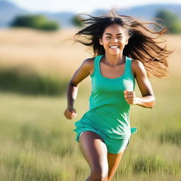 A beautiful girl running in an open field