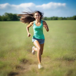 A beautiful girl running in an open field