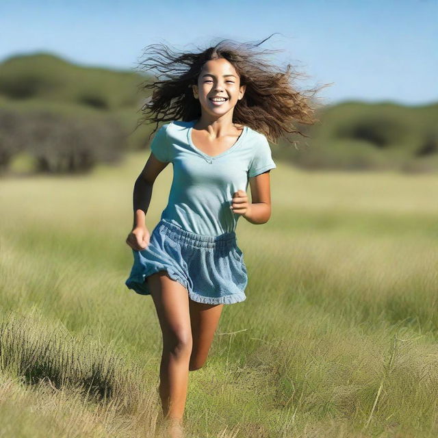 A beautiful girl running in an open field