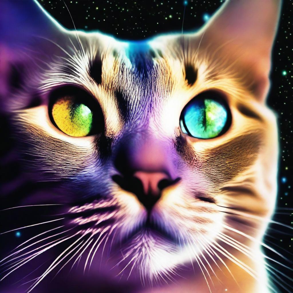 This amazing photograph shows the face of a cat, translucent, with only its eyes visible, which seems to be dissolving into the vast cosmic space and is made up of cosmic dust and stars