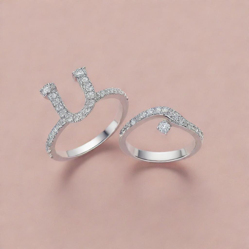 Two silver engagement rings, one with diamonds forming the elegant shape of the letter J, and the other with diamonds beautifully configured into the letter R.