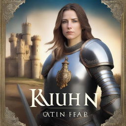 A detailed book cover featuring a strong female knight in shining armor, holding a sword with a determined expression