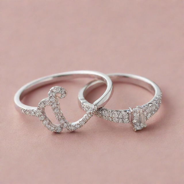 Two silver engagement rings, one with diamonds forming the elegant shape of the letter J, and the other with diamonds beautifully configured into the letter R.