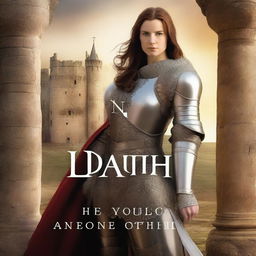 A detailed book cover featuring a strong female knight in shining armor, holding a sword with a determined expression