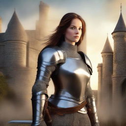 A detailed book cover featuring a strong female knight in shining armor, holding a sword with a determined expression